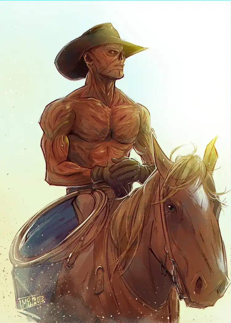A muscular, shirtless man with a weathered face and a wide-brimmed cowboy hat rides a brown horse, looking off into the…