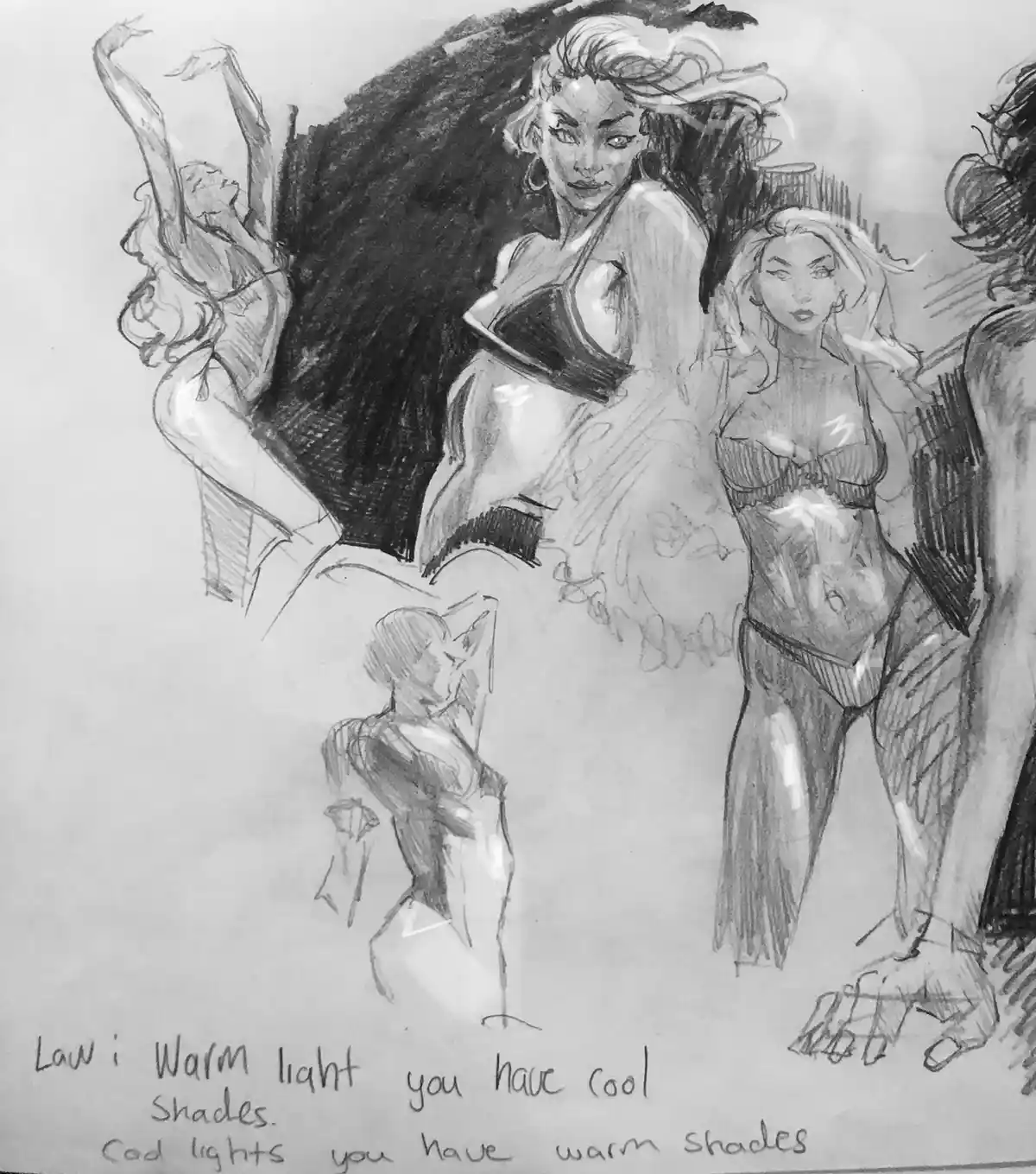 A black-and-white pencil sketch shows multiple female figures in various poses, some in lingerie, others in dynamic stances…