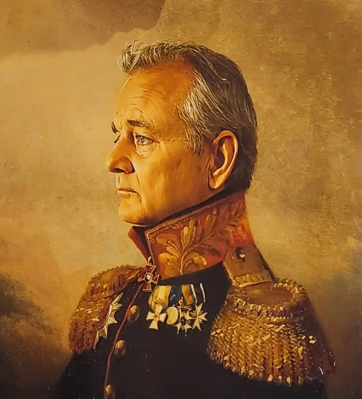A classical portrait painting of a man in ornate military uniform with medals and epaulets, shown in profile looking away…