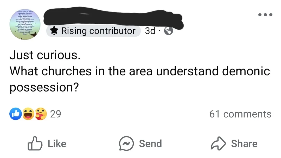 A screenshot of a Facebook post by a user with a blurred profile picture and 'Rising contributor' badge. The post asks…
