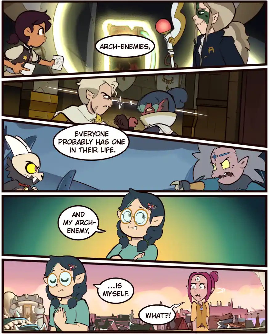A five-panel comic strip from 'The Owl House' shows characters discussing arch-enemies. One character states everyone has…