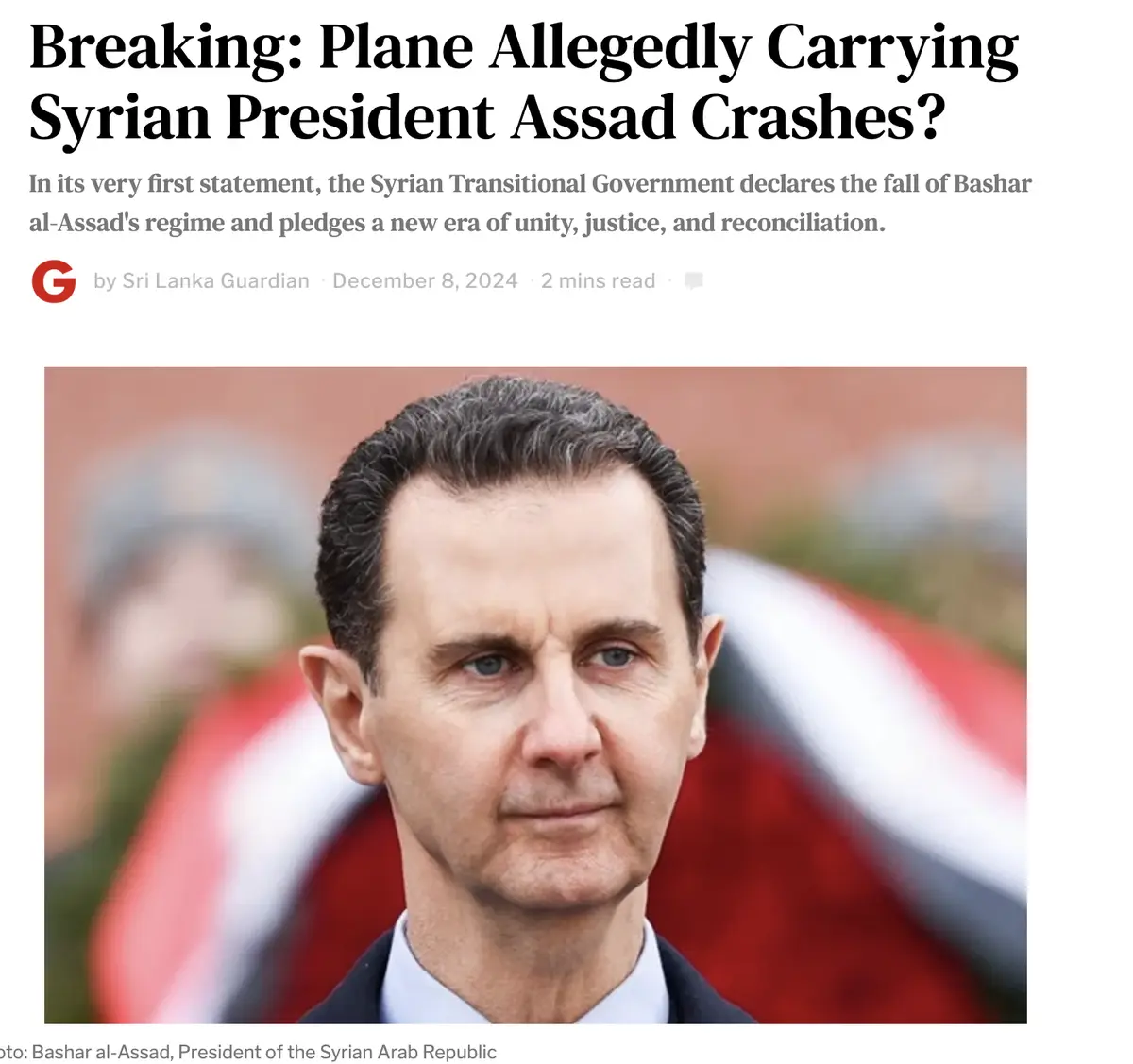 The image displays a news article header with a photo of Bashar al-Assad. The headline reads 'Breaking: Plane Allegedly…