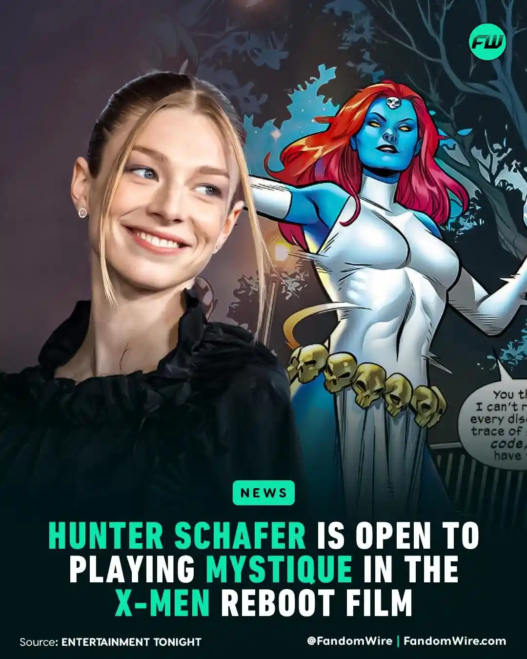 A photo of actress Hunter Schafer smiling beside a comic book illustration of the character Mystique, who has blue skin, red…
