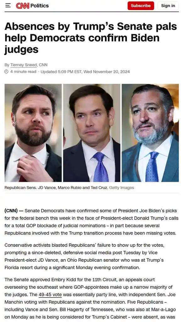 A screenshot of a CNN Politics article shows three photos of Republican senators JD Vance, Marco Rubio, and Ted Cruz. The…