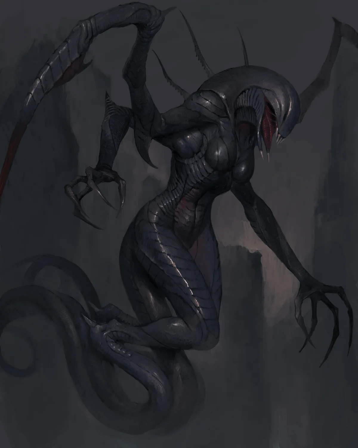 A dark, muscular, humanoid creature with multiple limbs, claws, and a long tail, depicted in a menacing pose against a gray…