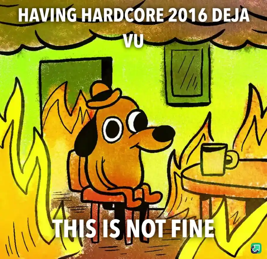 A cartoon dog wearing a hat sits calmly at a table with a mug, surrounded by flames in a green-walled room. The text reads…