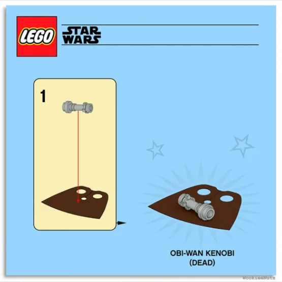 A LEGO Star Wars instruction manual page shows step 1: a grey LEGO piece being inserted into a brown baseplate. The result…
