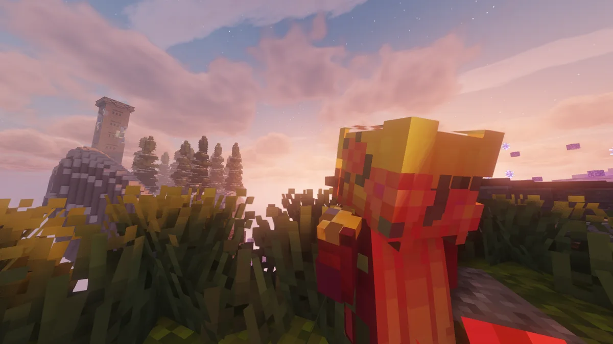 A pixelated Minecraft fox stands in a grassy field at sunset, looking toward a distant tower and trees. The sky is pink and…