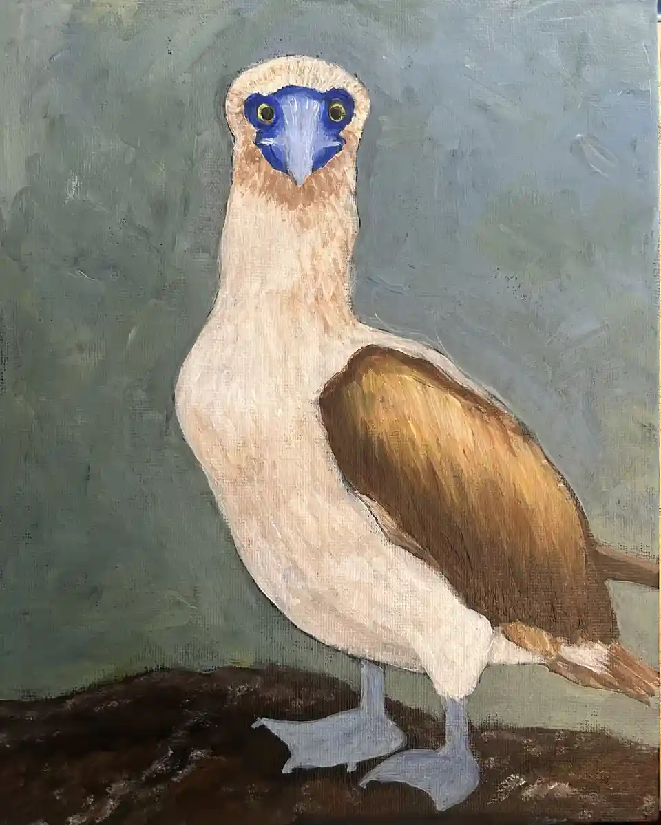 A painted portrait of a blue-footed booby bird with a blue face and yellow eyes, standing on a brown surface against a gray…