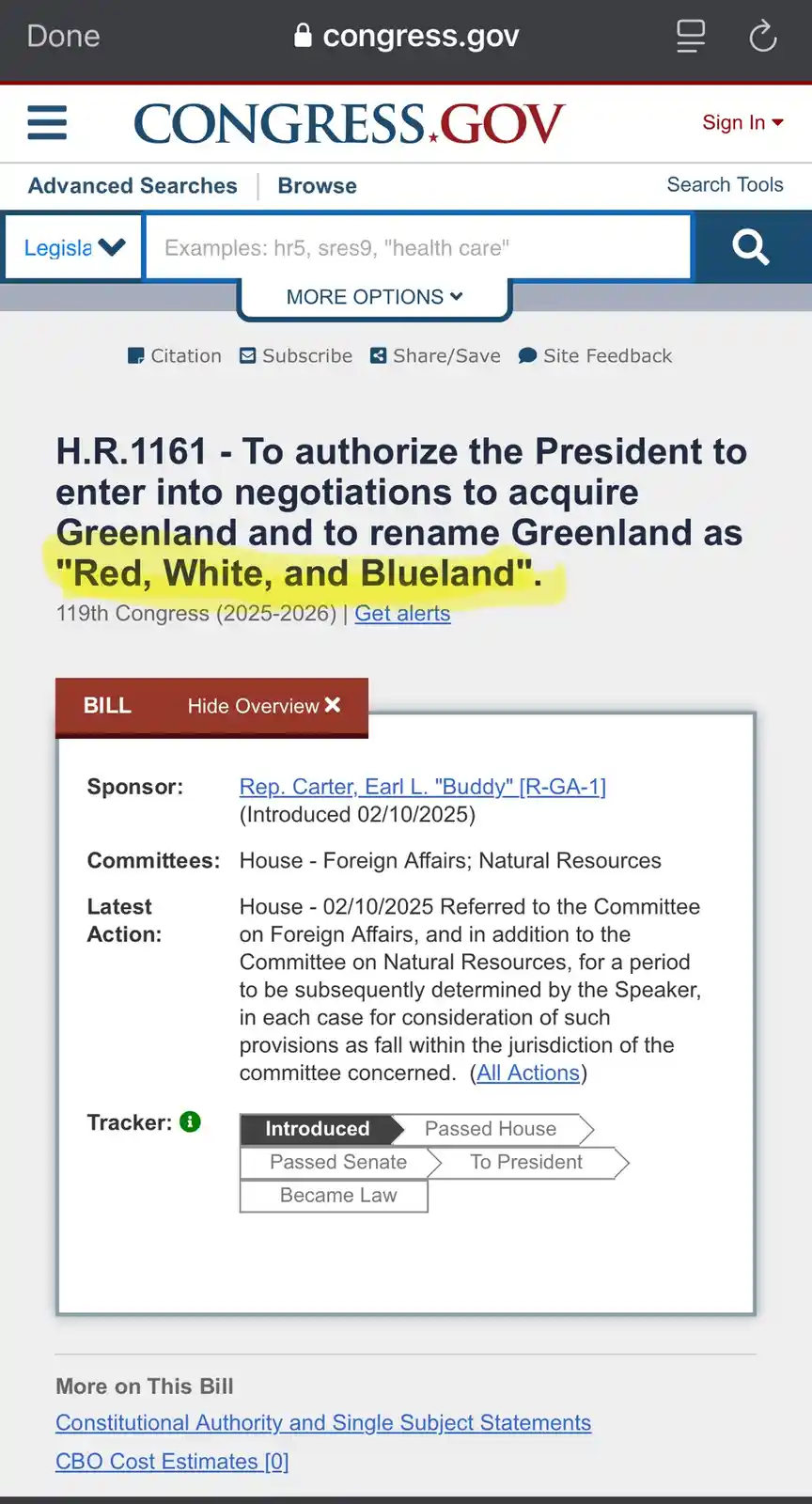 A screenshot of the congress.gov website showing bill H.R.1161, which proposes to authorize the President to acquire…