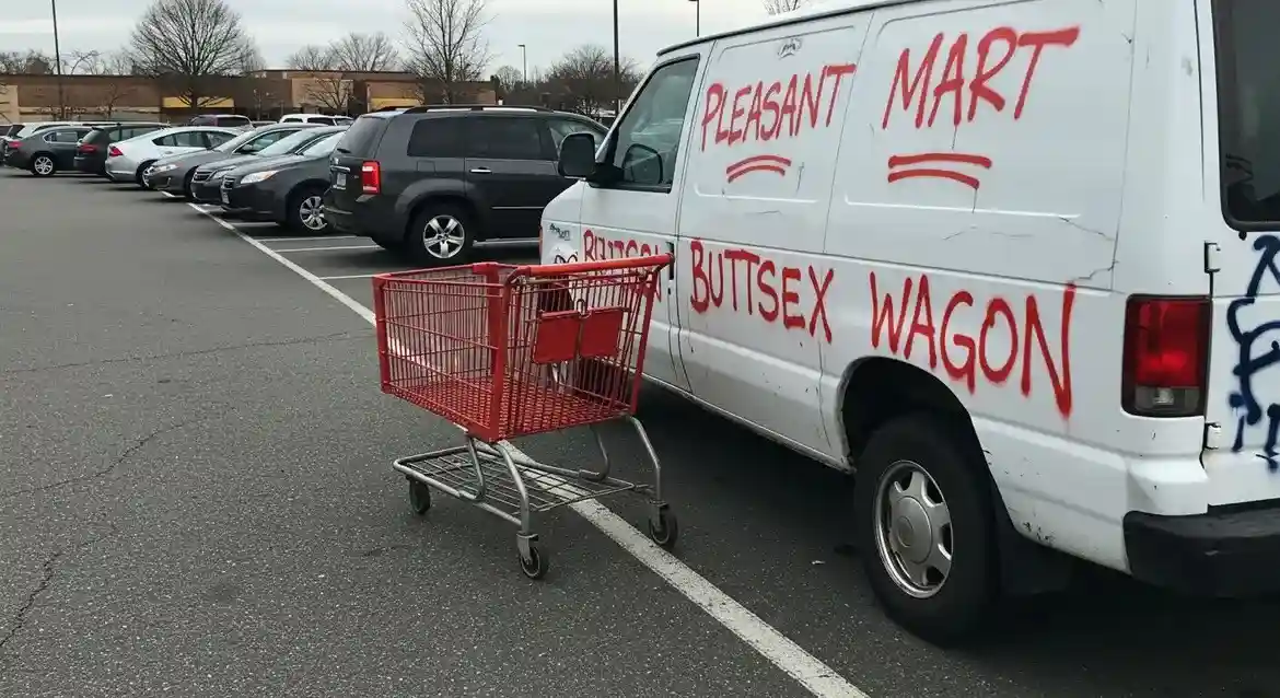 A white van parked in a lot has red graffiti reading 'PLEASANT MART' and 'BUTTSEX WAGON' on its side. A red shopping cart…