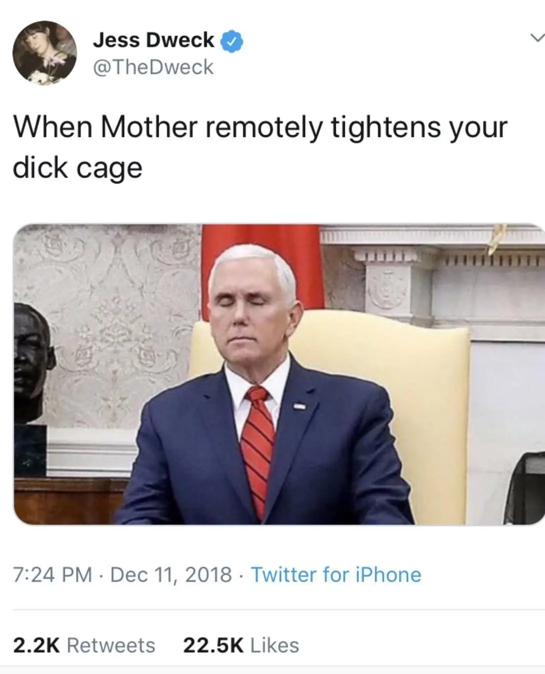 A screenshot of a tweet by Jess Dweck showing a photo of Mike Pence sitting in a chair with his eyes closed and a resigned…