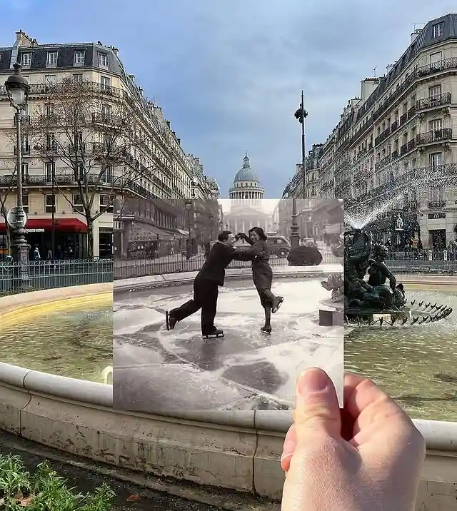 A hand holds a black-and-white photo of a couple ice skating in front of a fountain, superimposed over a modern color photo…