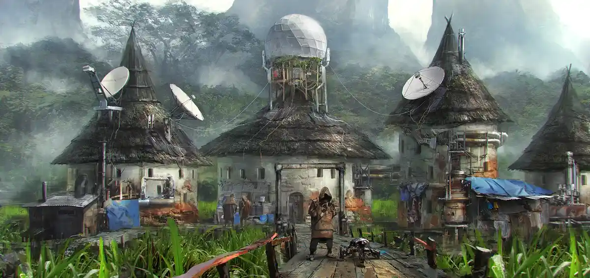 A rustic village with thatched-roof huts and wooden walkways, nestled in a misty jungle with towering cliffs. Several…