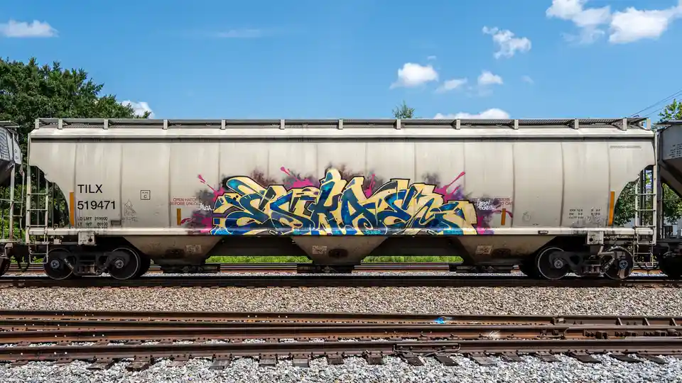 A silver freight train car sits on tracks under a blue sky with clouds, covered in large, colorful graffiti that spells out…