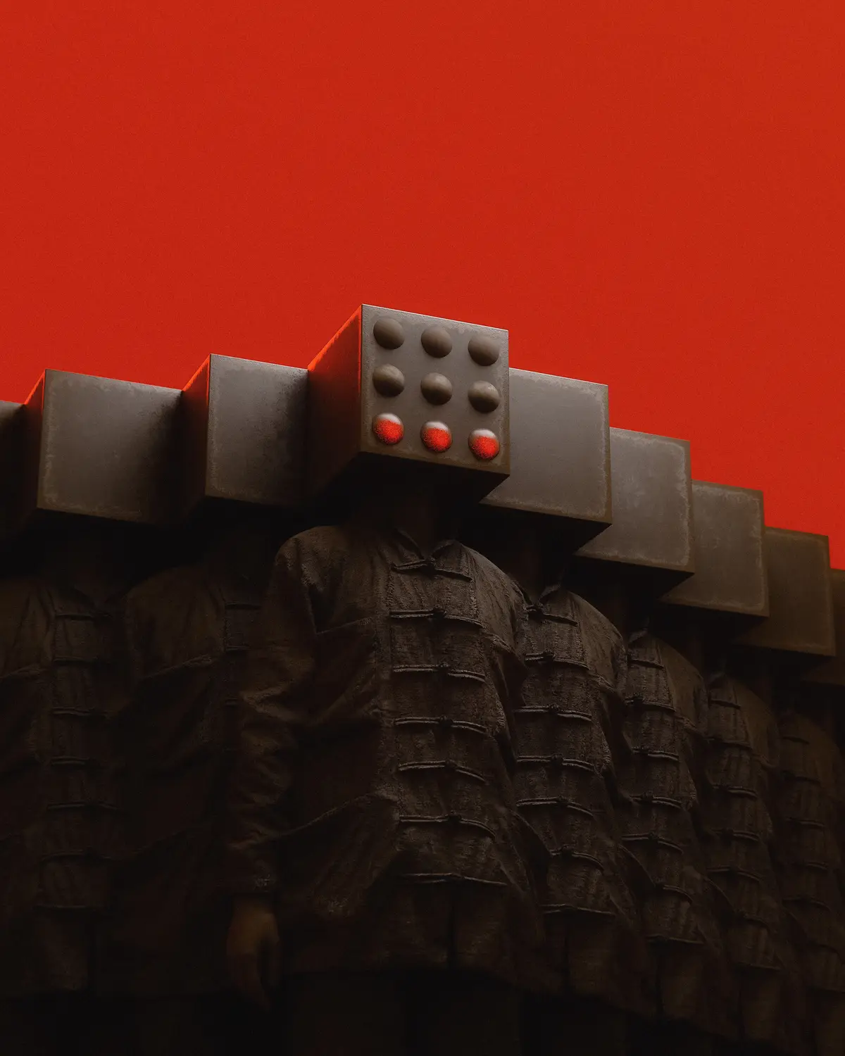 A row of figures in dark traditional Chinese-style jackets stand against a solid red background, each with a gray cube for a…
