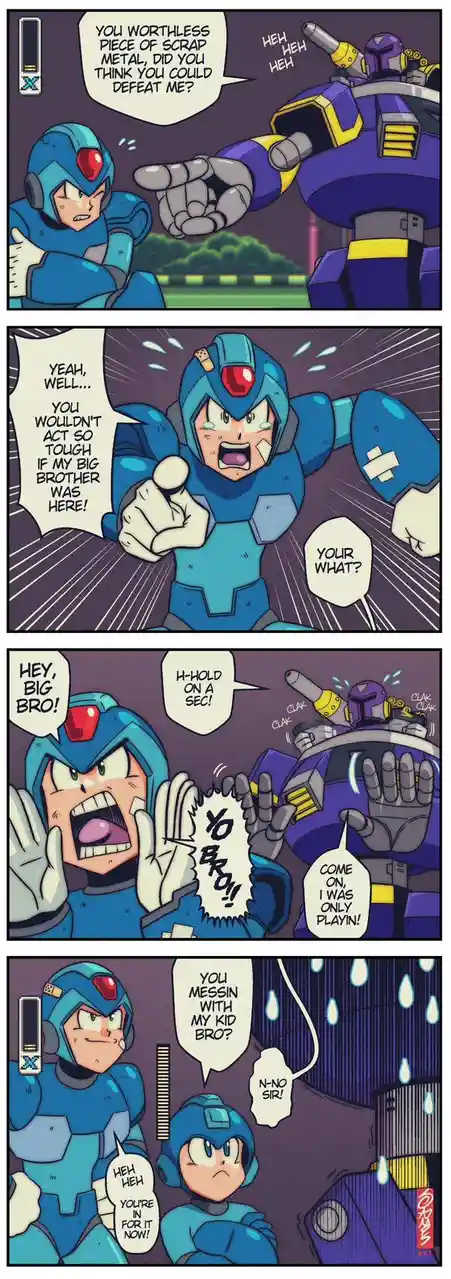 A four-panel comic strip featuring the video game character Mega Man confronting a large purple robot. The robot mocks Mega…