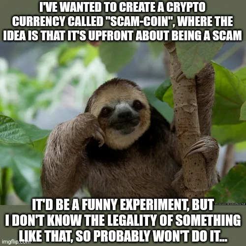 A sloth is clinging to a tree branch with a smug, self-satisfied expression, looking directly at the viewer. The image has…