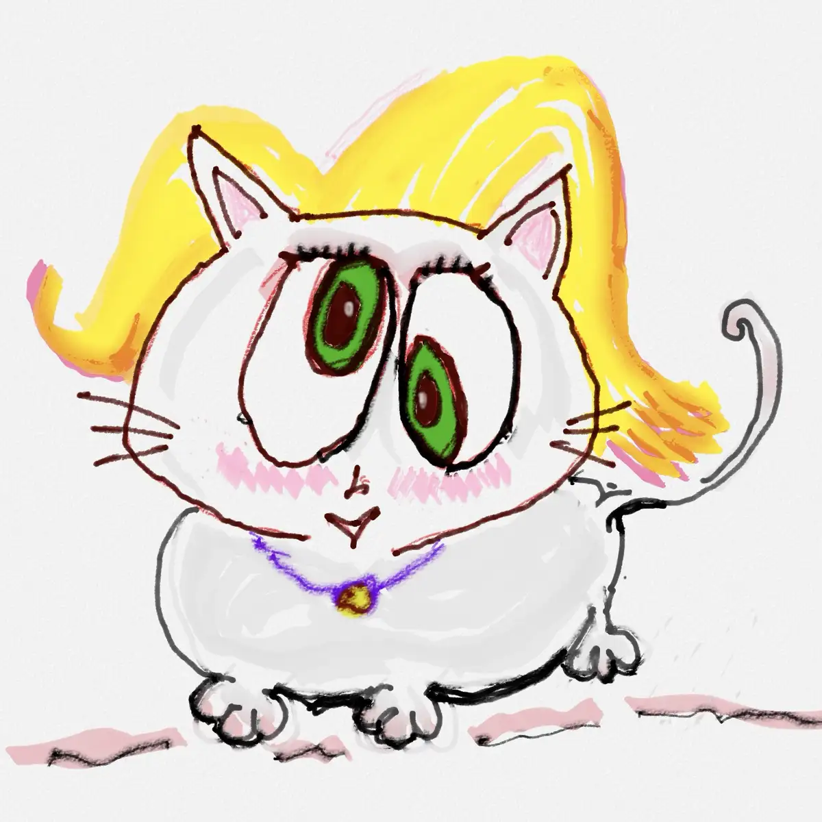 A hand-drawn cartoon cat with large green eyes, pink cheeks, and a purple collar with a yellow bell. It has bright yellow…
