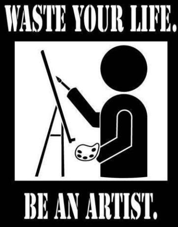 A black and white image shows a stick figure holding a paintbrush and a paint palette, standing next to an easel. The text…
