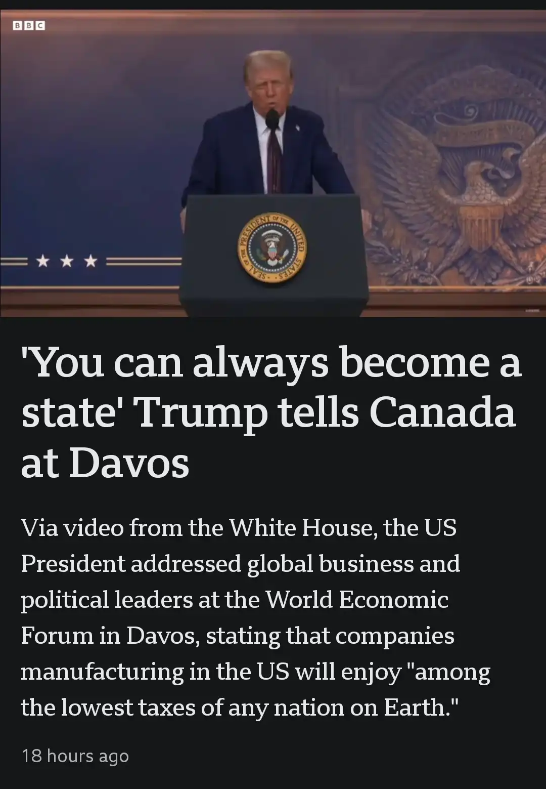 A screenshot of a BBC news article overlaying a photo of Donald Trump speaking at a podium with the presidential seal. The…