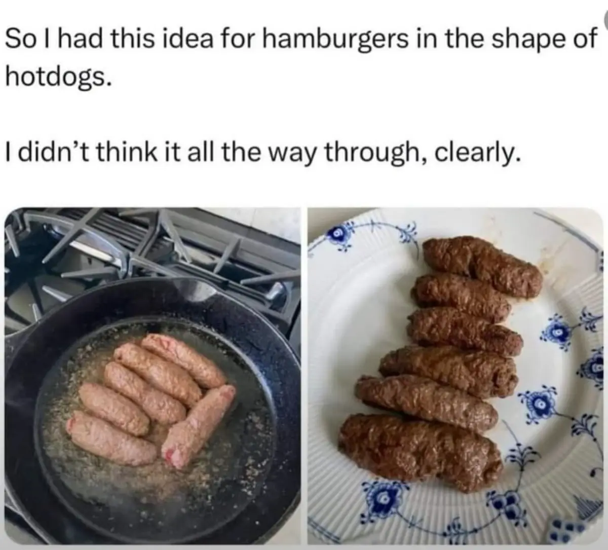 The image shows two side-by-side photos: on the left, raw sausage-like patties are frying in a pan on a stovetop; on the…