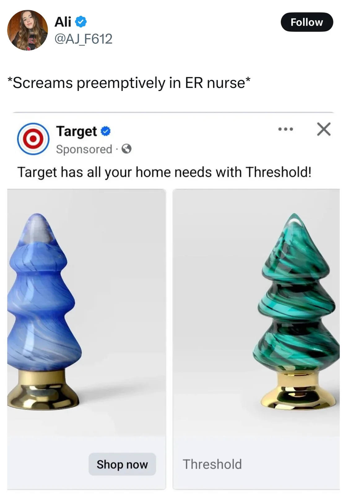 A screenshot of a Twitter post showing a Target-sponsored ad for Threshold home decor, featuring two glass Christmas tree…