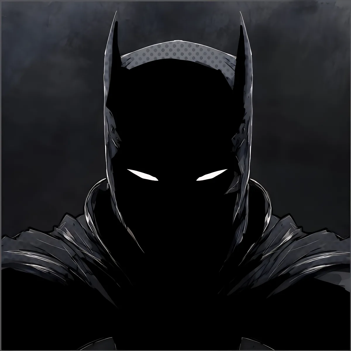 A dark, stylized illustration of Batman's head and shoulders, featuring his iconic cowl with pointed ears and glowing white…