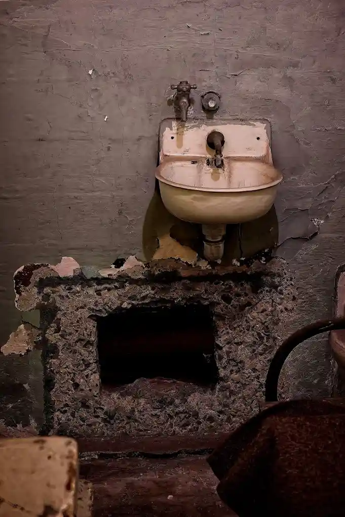 A dilapidated, rusted metal sink with a single faucet is mounted on a crumbling, peeling wall. Below it, a rough, broken…