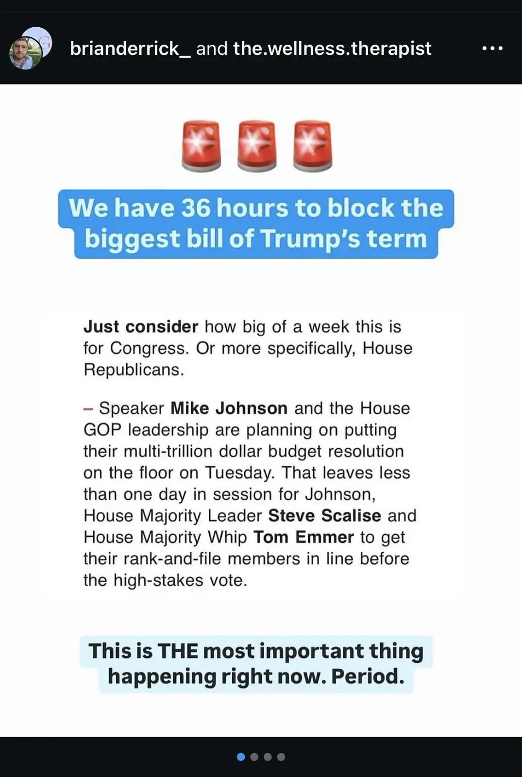 The image displays a screenshot of a political article with three red emergency light emojis at the top. A blue text box…
