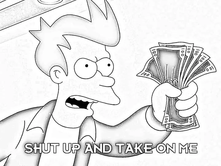 A black-and-white cartoon image of a man with spiky hair, wide eyes, and an open mouth, holding a fan of 100-dollar bills in…