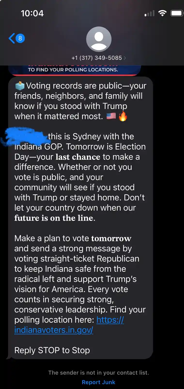 A screenshot of a text message from an unknown sender, claiming to be 'Sydney with the Indiana GOP,' urging recipients to…