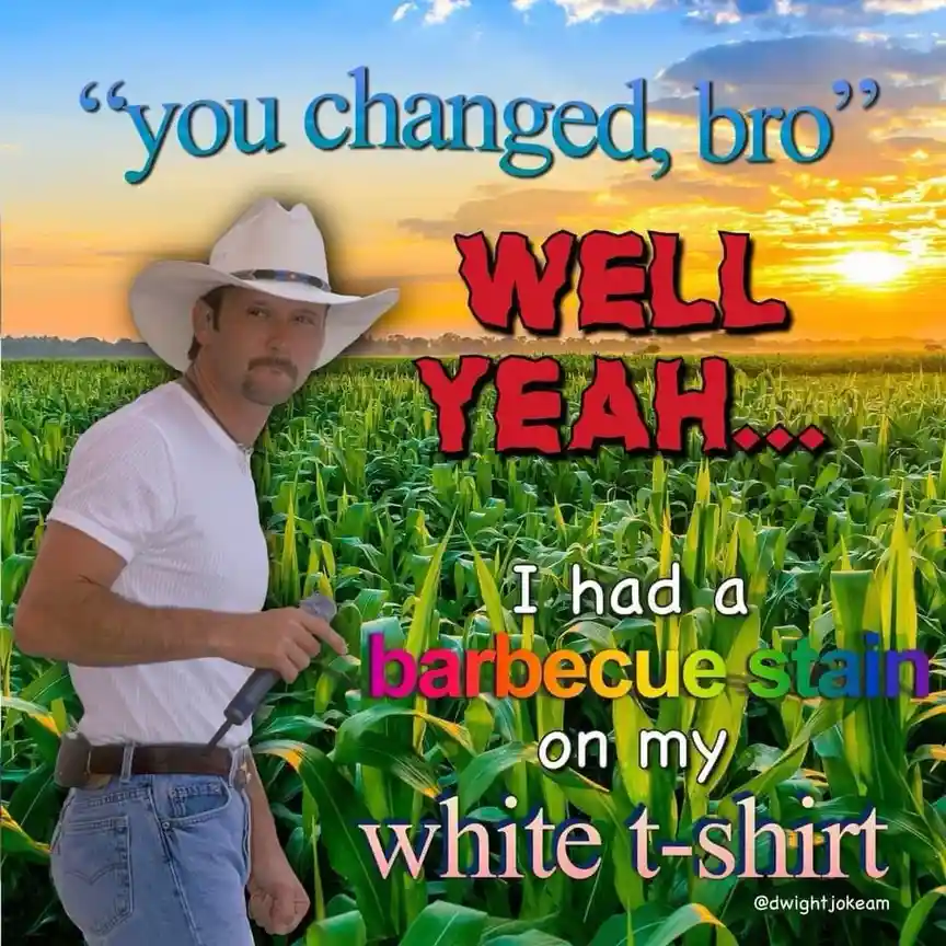 A man in a white cowboy hat, white t-shirt, and jeans stands in a cornfield at sunset, holding a tool. Overlaid text reads…