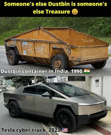 The image is a two-panel meme. The top panel shows a rusty, old, orange dump truck labeled 'Dustbin container in India…