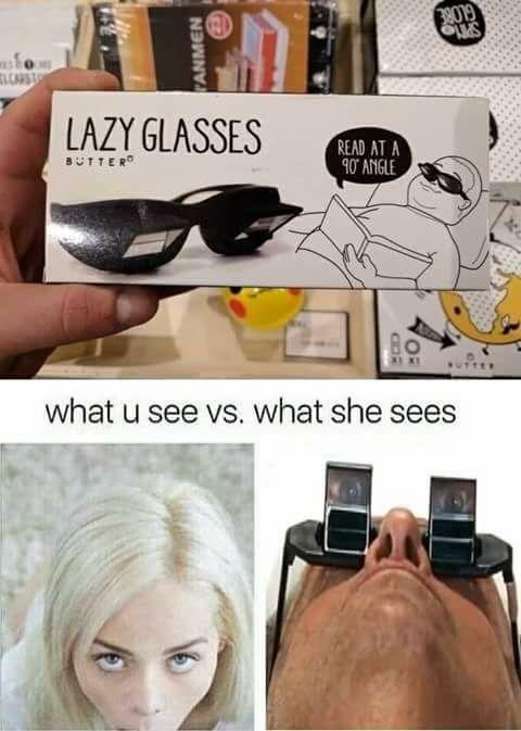 A person holds up a box of 'Lazy Glasses' by Butter, which features a cartoon of someone reading at a 90-degree angle…