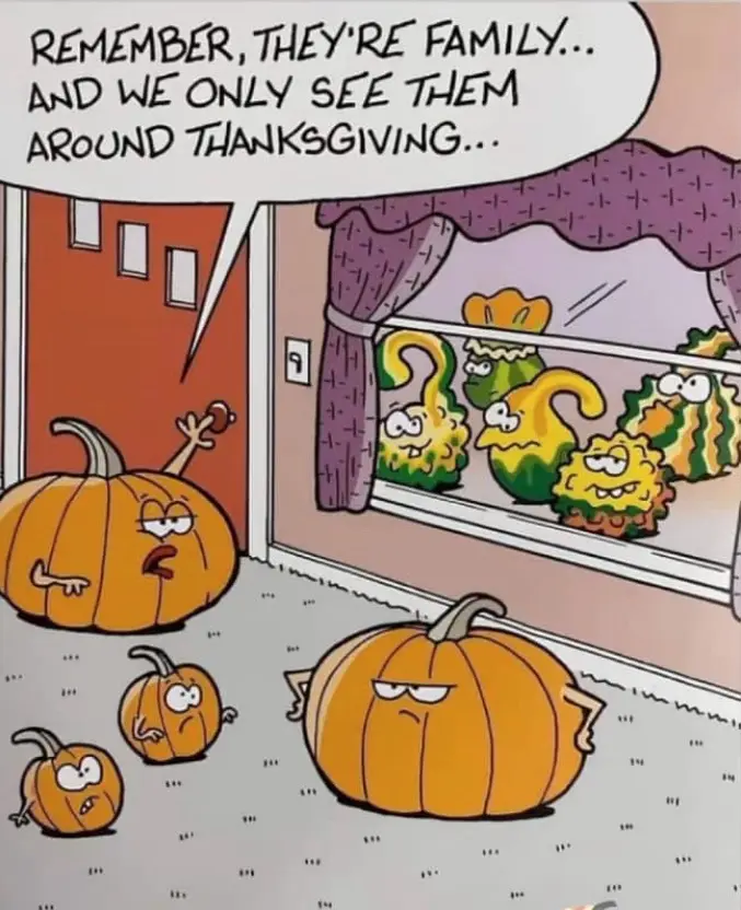 A cartoon depicts several anthropomorphic pumpkins inside a house, looking grumpy and annoyed. One large pumpkin speaks via…