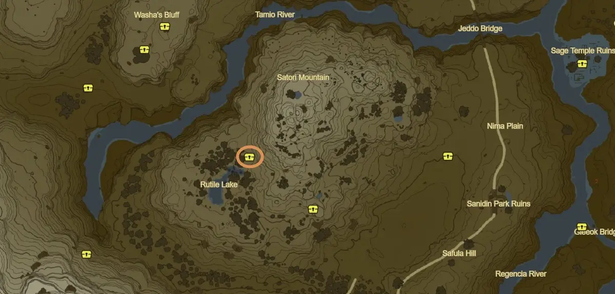 this is a map from the game 'the legend of zelda: breath of the wild' showing a treasure chest icon circled in orange near…