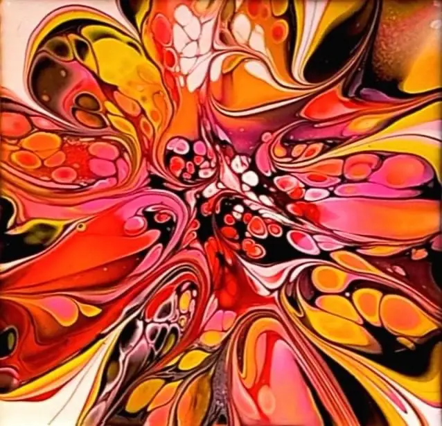 a vibrant abstract painting featuring swirling patterns of red, orange, pink, and yellow with glossy, fluid-like textures…