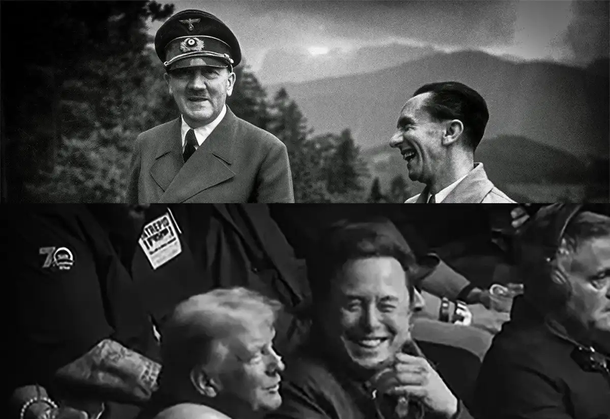 The image is split into two black-and-white photos. The top photo shows Adolf Hitler in uniform standing next to a man…