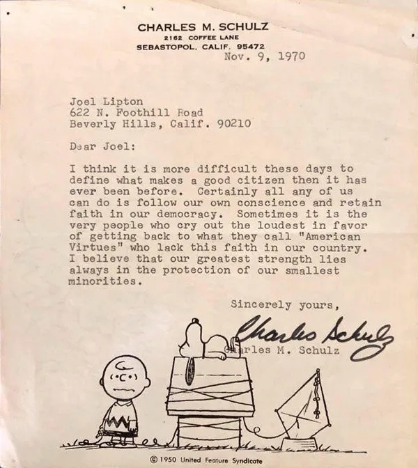 A scanned letter dated November 9, 1970, from Charles M. Schulz to Joel Lipton, featuring a handwritten signature and a…