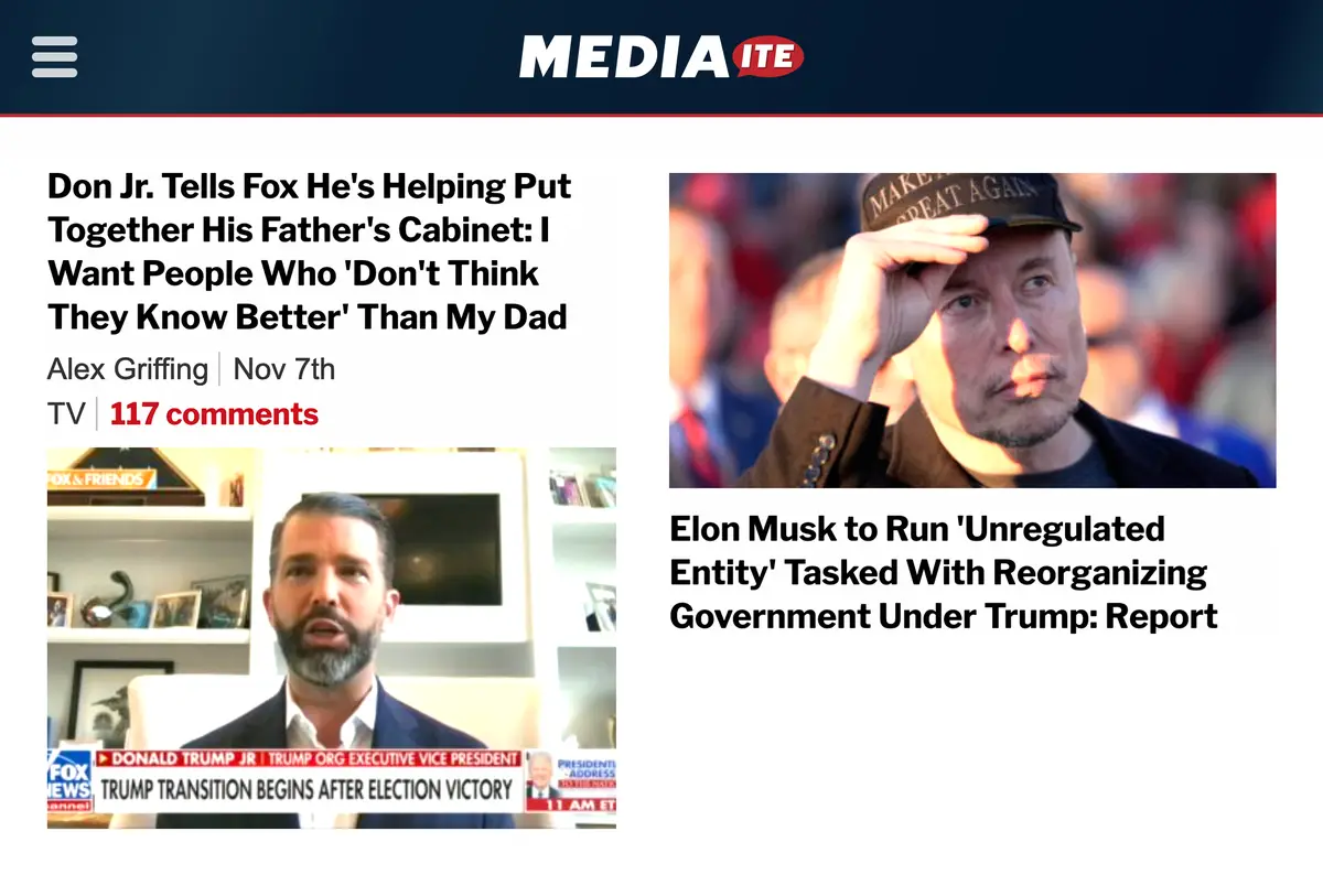 A screenshot of a Mediaite news page shows two articles side by side. The left article features Donald Trump Jr. on Fox News…