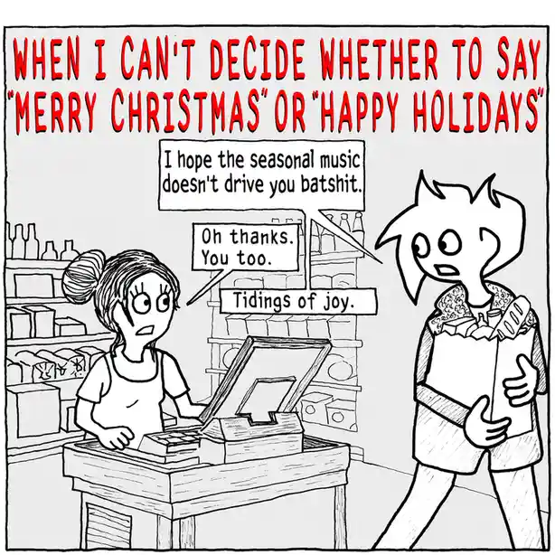 A black-and-white cartoon depicts a cashier at a register and a customer holding a bag of groceries. The customer says…