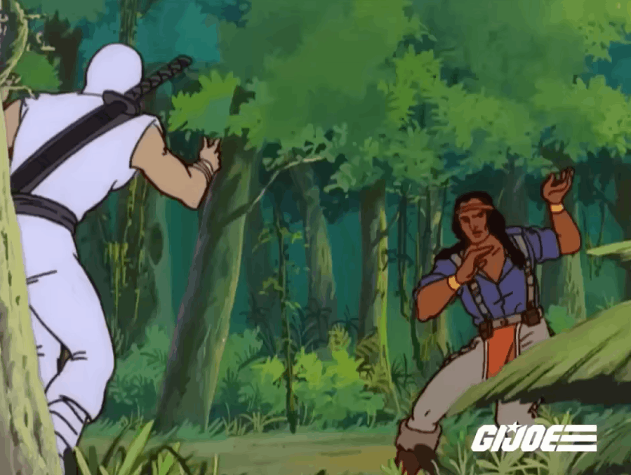 A six-panel G.I. Joe cartoon sequence shows a white ninja in white gear attacking a blue-clad ninja in a jungle. The white…