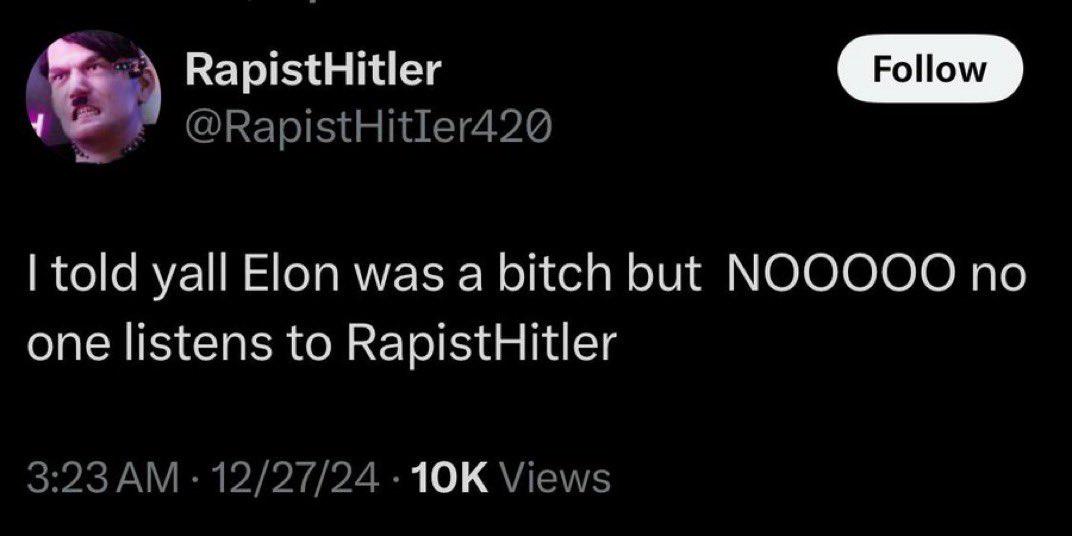A screenshot of a social media post from a user named 'RapistHitler' with the handle '@RapistHitIer420', featuring a profile…