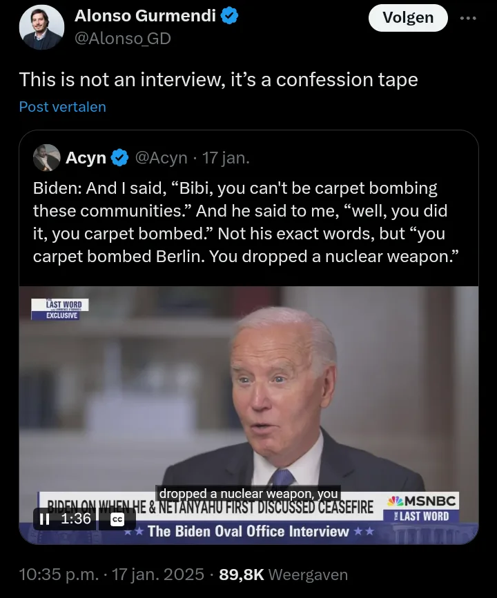 A screenshot of a Twitter post by Alonso Gurmendi showing a video clip of Joe Biden speaking during an MSNBC interview. The…