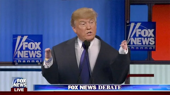 A man with blond hair wearing a dark suit and purple tie stands at a podium with both hands raised, speaking into a…