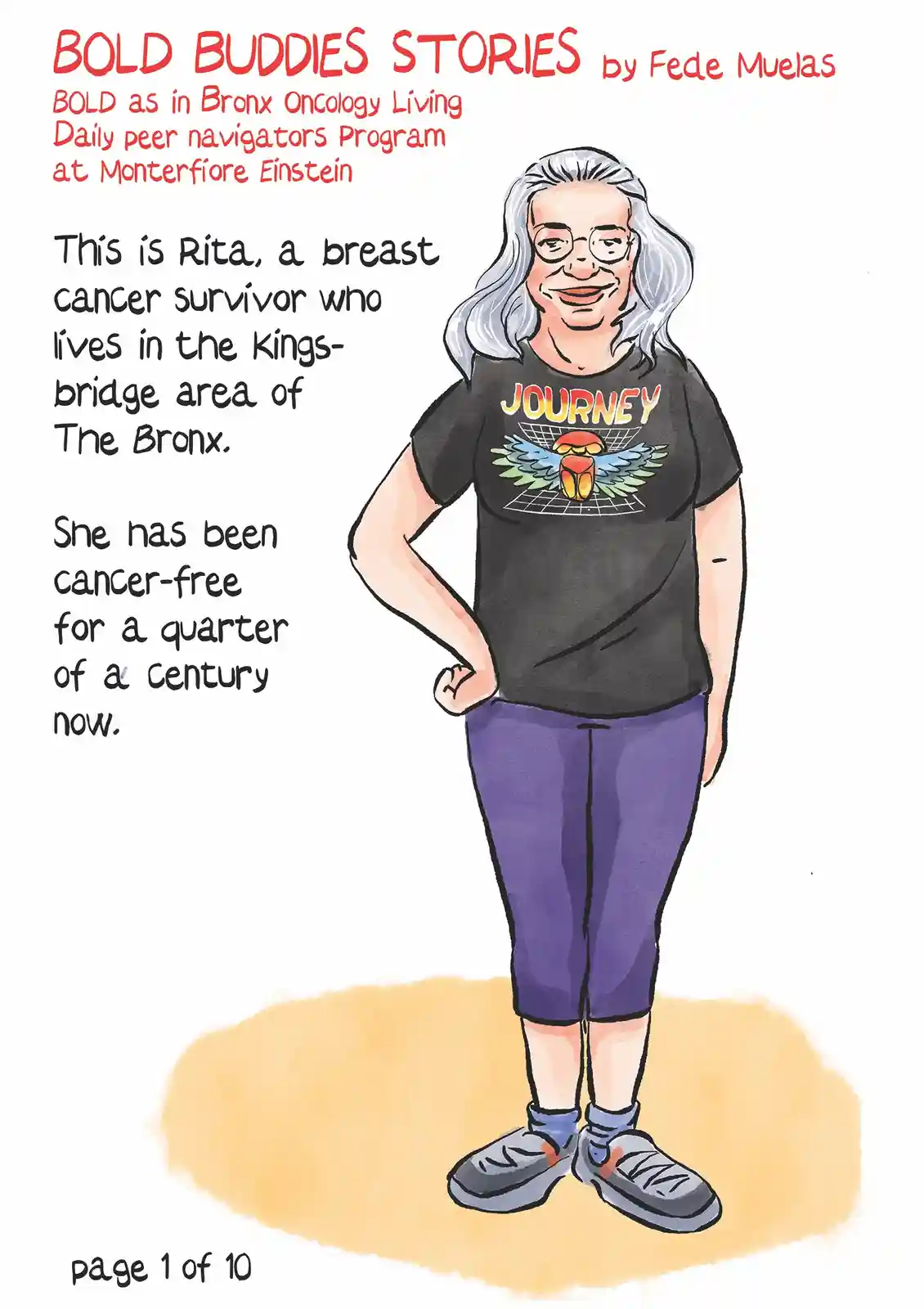 A cartoon illustration of a smiling older woman with gray hair and glasses, wearing a black 'JOURNEY' t-shirt, purple capri…