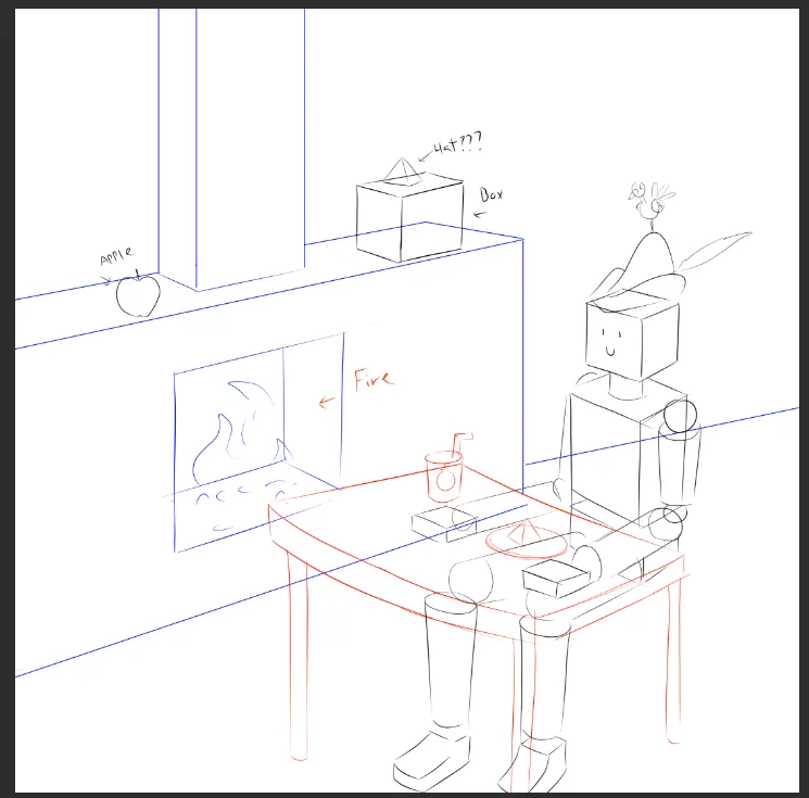 A hand-drawn sketch shows a blocky robot sitting at a table with a drink and a pizza slice, while a fireplace labeled 'Fire'…