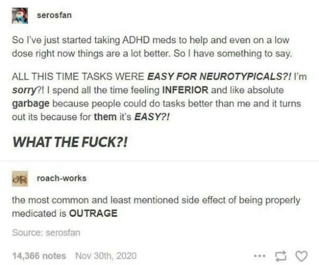 A screenshot of a Tumblr post where user 'serosfan' shares their shock and frustration after starting ADHD medication…