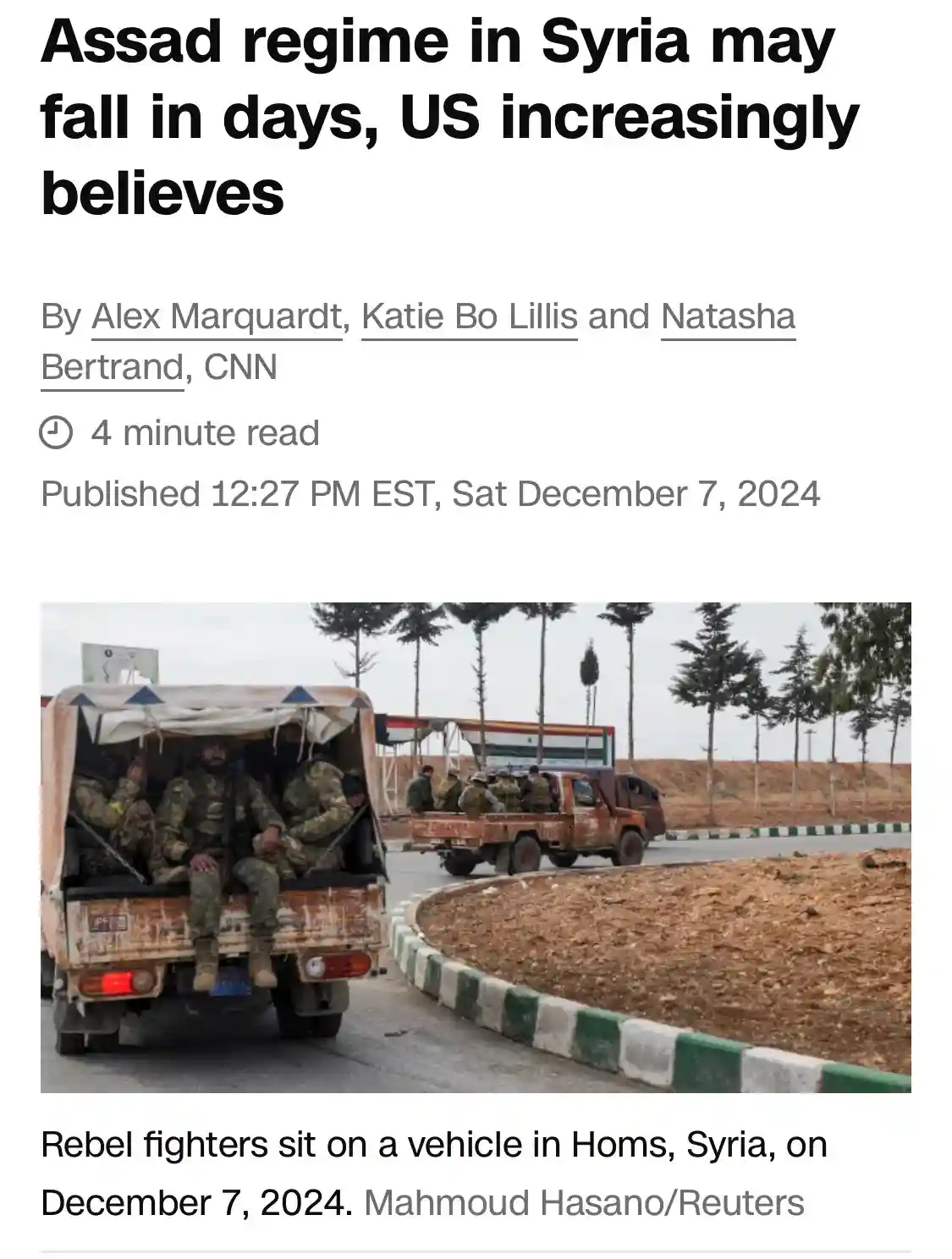 A screenshot of a CNN news article from December 7, 2024, featuring a photo of rebel fighters sitting in the back of a rusty…